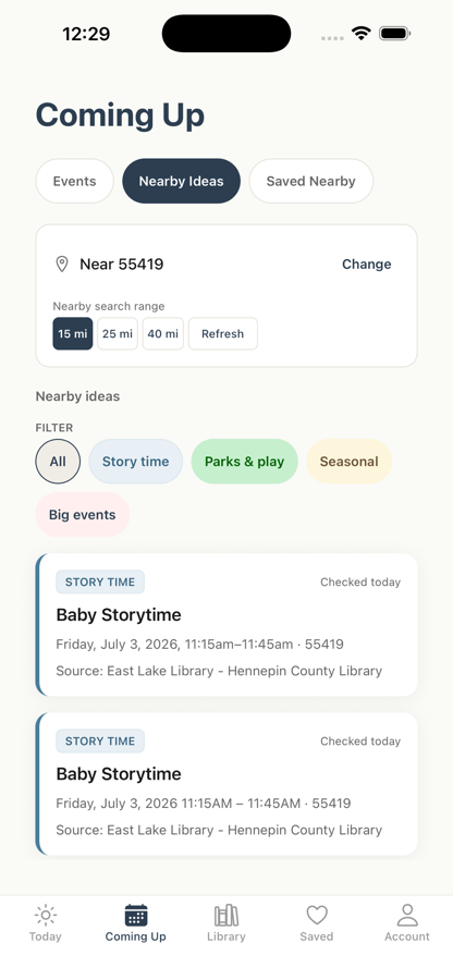 Whimsy Nearby screen showing family-friendly places and where listings came from.